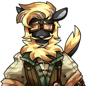 Artwork of an anthropomorphic character with black fur and blonde hair, wearing spectacles, a green and brown shirt with beige puffy-sleeves.