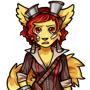 Artwork of an anthropomorphic character with yellow fur and red hair, wearing a pair of goggles and brown and beige clothes.