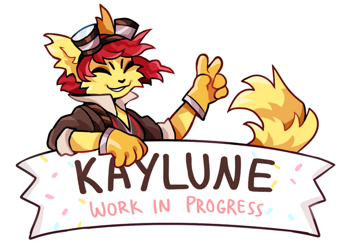 Artwork of an anthropomorphic character with yellow fur and red hair, wearing a pair of goggles and brown and beige clothes, waving and leaning her arm against a confetti-decorated banner that reads: “Kaylune - work in progress!”