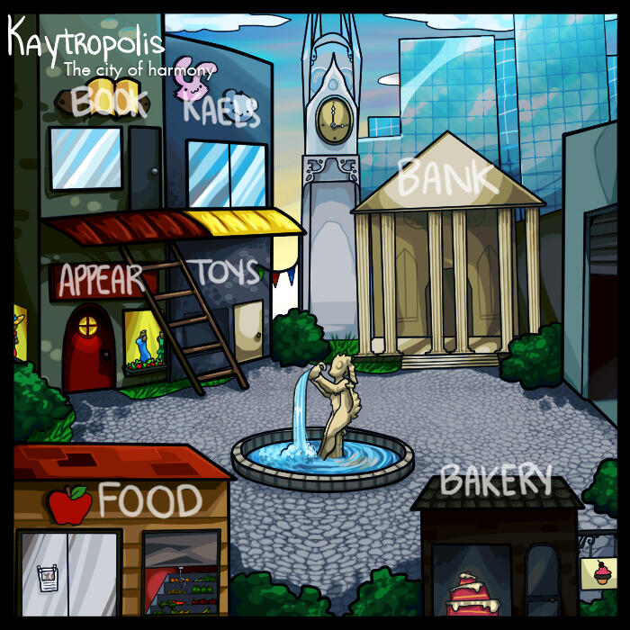 Artwork of a map, which depicts various buildings and shop fronts around a central fountain. In the background is a clock tower, towering skyscrapers.