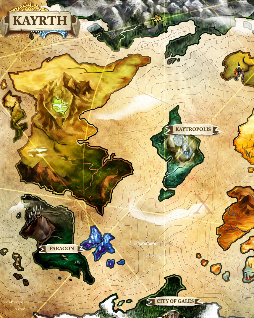 Artwork of a world map. In the top left, the name of the world being depicted is provided (‘Kayrth’). Similar to a topographic map, contour lines represent oceans in depicting the distance between the different cities and their landscapes — Kaytropolis is
