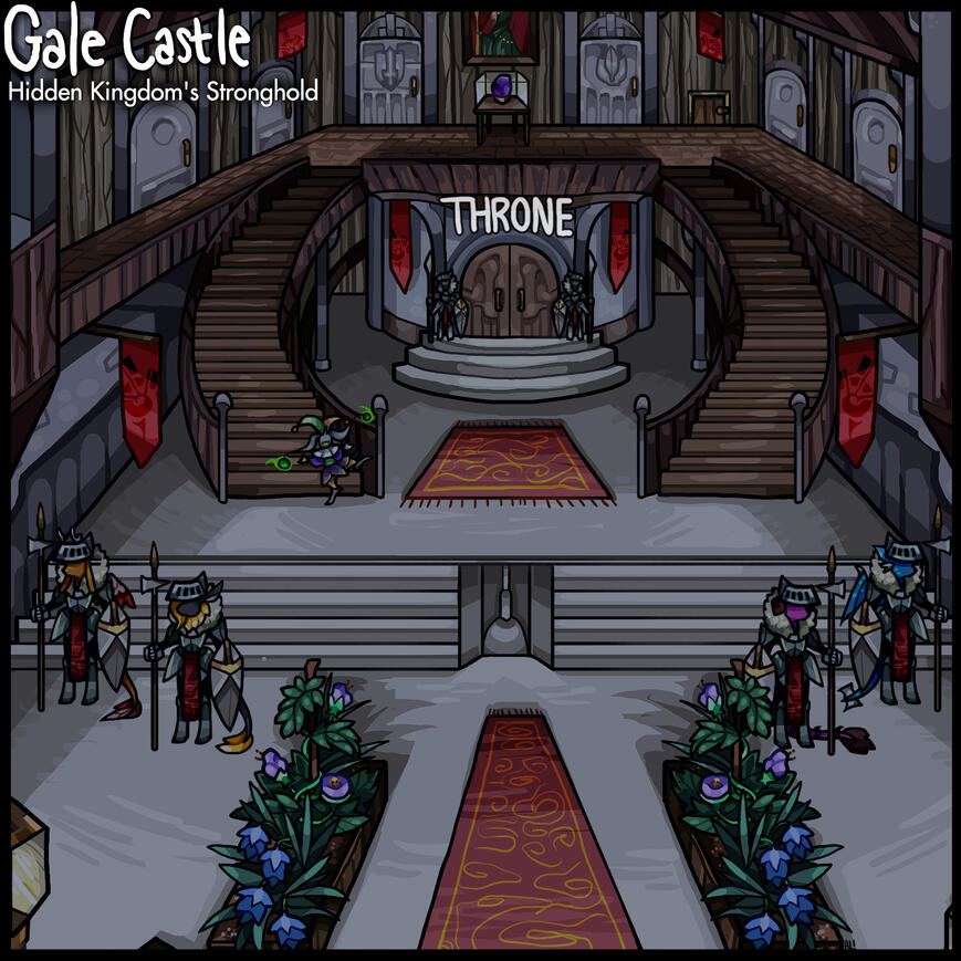 Artwork of a map, which depicts a park lined with benches and street lights, surrounded by greenery. There is a library, a post office, and a cart present. Skyscrapers are visible in the background.