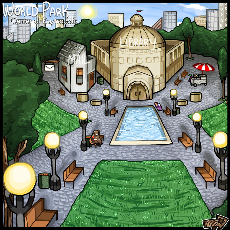 Artwork of a map, which depicts a park lined with benches and street lights, surrounded by greenery. There is a library, a post office, and a cart present. Skyscrapers are visible in the background.