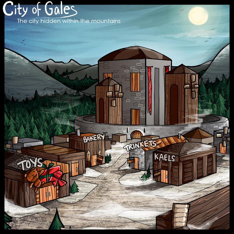 Artwork of a map, which depicts a park lined with benches and street lights, surrounded by greenery. There is a library, a post office, and a cart present. Skyscrapers are visible in the background.